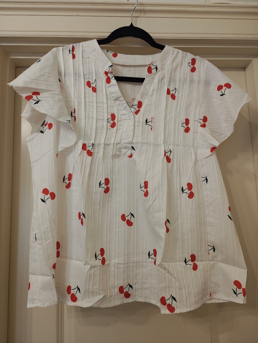 White Cherry Print Button Front Blouse